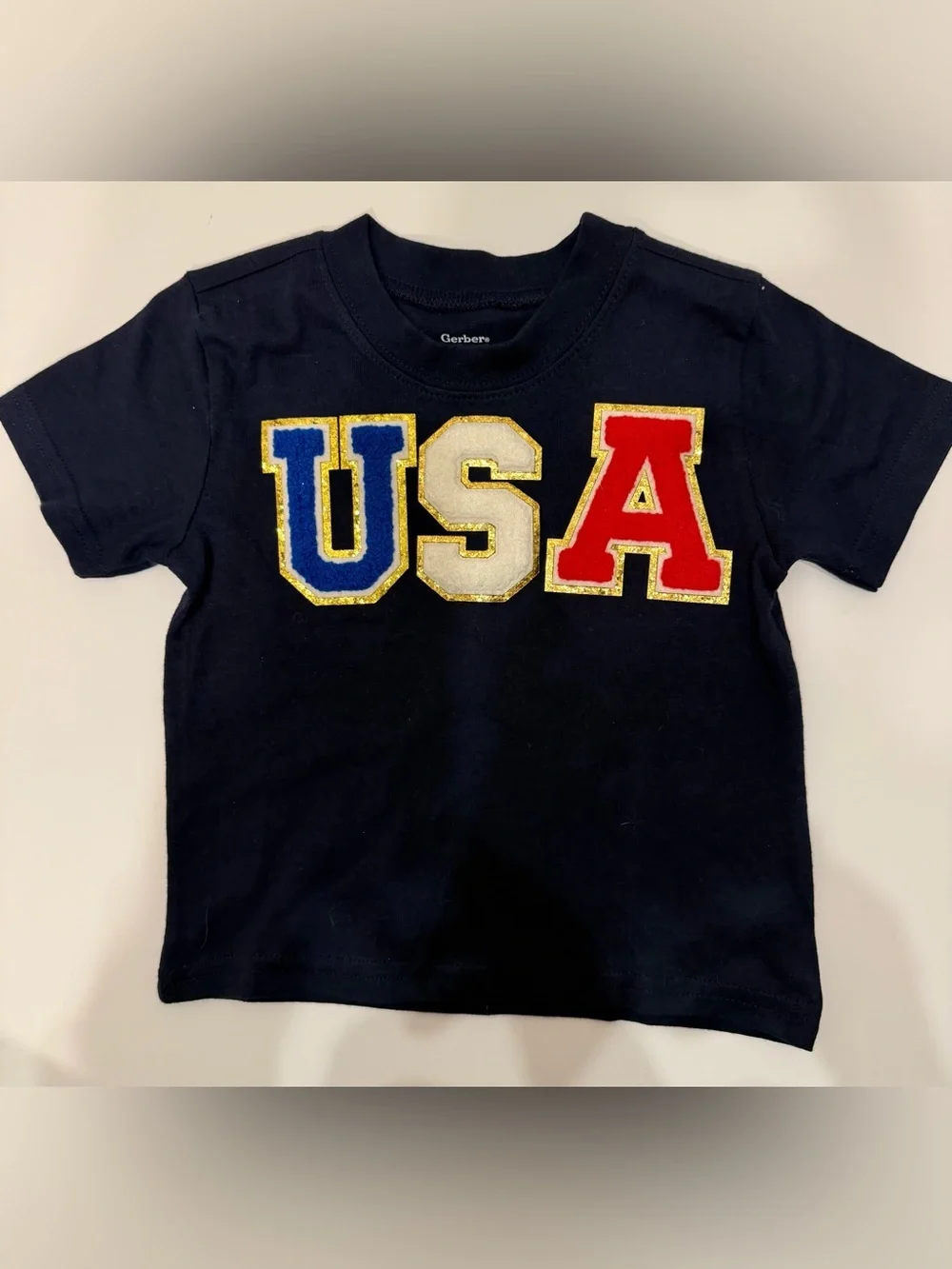 USA Glittery Patch Lettered Baby Short Sleeve Shirt